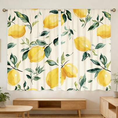 2pcs Refreshing Lemon Pattern Semi-Blackout Curtains, No-Drill Rod Pocket Design, Elegant Farmhouse Style For Living Room, Kitchen, Home Decor, Bedroom Divider, Polyester Fabric, Machine/Hand Washable
