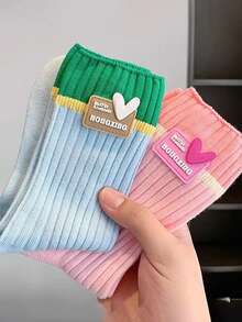 4 Pairs Women's Dopamine Color Matching Thin Summer Bicolor Socks, Cute Heart Pattern Mid-Calf Socks - Multicolor - View 3