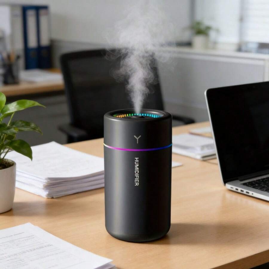 1个彩色LED香薰加湿器 - 便携静音 - 适用于卧室、办公室和汽车，USB迷你加湿器，带LED夜灯、雾化模式、自动关机、超声波香薰机，是情人节/万圣节/圣诞节/复活节送给孩子/学生/情侣的理想礼物
