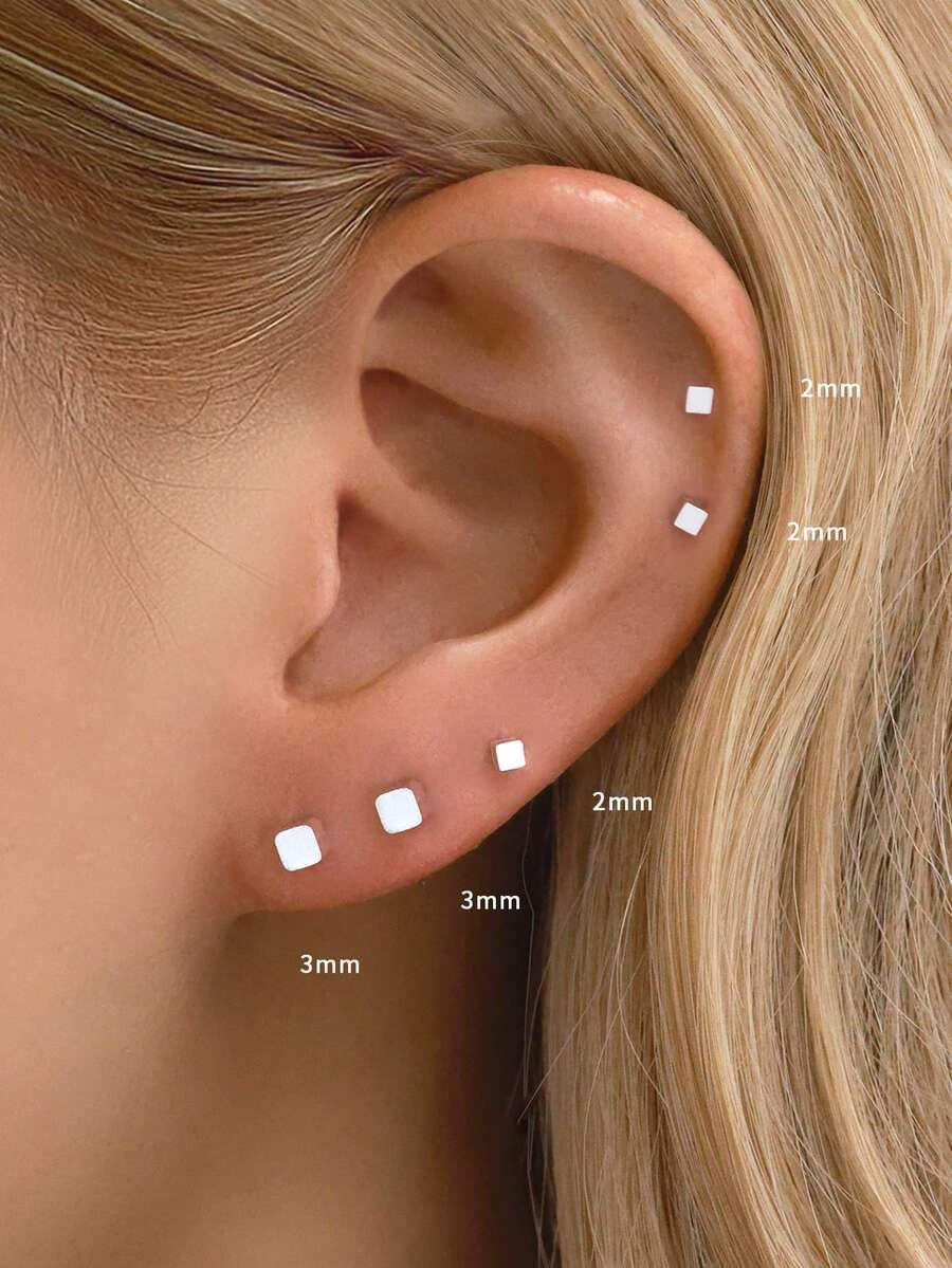 2pcs/4pcs Set Minimalist S925 Sterling Silver Square Stud Earrings, 2mm/3mm Hypoallergenic Earrings, Suitable For Pierced Ears, Fashion Accessory For Men And Women - Square Earrings - View 1