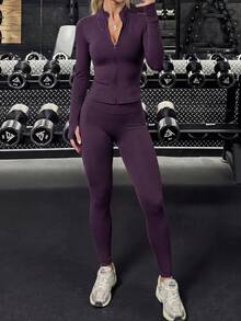 Aoqta Sports 女士夏季休闲纯色两件套，修身长袖拉链高领上衣搭配高腰紧身塑形瑜伽裤，适合瑜伽、跑步、健身、日常穿着。 - 紫色 - 查看 9