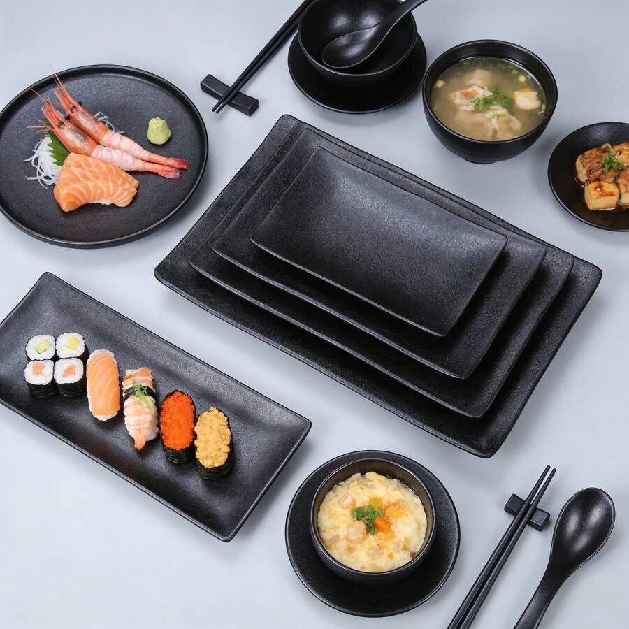 1pc New Black Carbon Fiber Rectangular Plate, 4 Size Options, Melamine Tableware, Material, Clear Carbon Fiber Texture, Minimalist Design, Versatile, Wear-Resistant, Scratch-Resistant, Impact-Resistant, Easy To Clean, Suitable For Sushi, Sashimi, Grilled Meat, Dessert, Home And Restaurant Use - Black - View 1