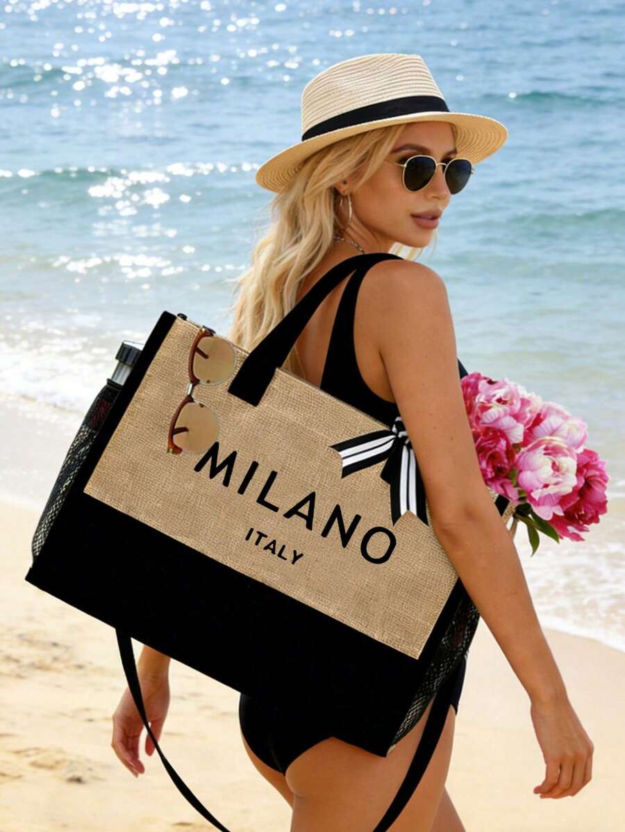 This Women's Beach Themed Handbag Set Features The Artistic "Milano Italy" Logo And Includes A Large Capacity Handbag And Two Makeup Bags. - Multicolor - View 1