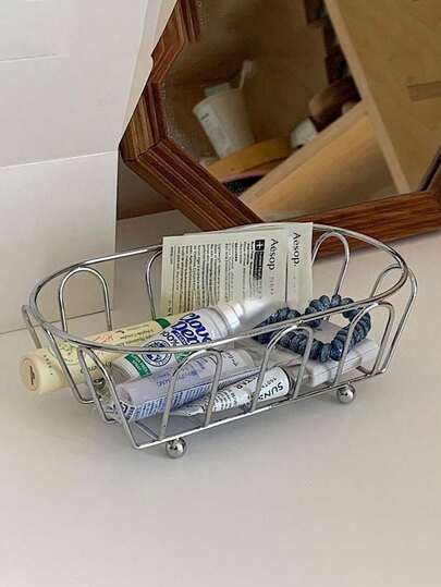 1pc Japanese-Style Minimalist Storage Basket, Hollow-Out Design, Multi-Functional Storage For Sundries, Decorations, Cosmetics, Stainless Steel Desktop Organizer Basket, Luxurious Durable Anti-Rust, Large Capacity Categorized Storage, Suitable For Living Room, Bedroom, Vanity, Modern Minimalist Necessary Home Storage Solution, Lightweight Sturdy Easy To Clean, Suitable For Jewelry, Stationery, Makeup Accessories