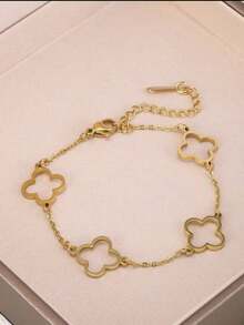 4 Stücke/Set Edelstahl Kleeblatt Zirkonia Blumen Armband, vielseitiges Schmuckzubehör für Frauen, geeignet für eleganten Alltag und Partys, ideales Geschenk - Goldgelb - Übersicht 9
