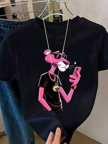 Women's White T-Shirt With  Graphic And Sunglasses, Retro Cartoon Aesthetic Short Sleeve T-Shirt, Fun Modern Top, Casual Street Fashion Blouse - 彩色 - 查看 12
