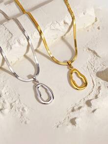 不锈钢不规则椭圆吊坠项链 | 不对称椭圆几何造型饰品 | 极简朋克风银链 - 橢圓 - 查看 1