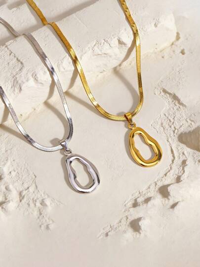 不锈钢不规则椭圆吊坠项链 | 不对称椭圆几何造型饰品 | 极简朋克风银链