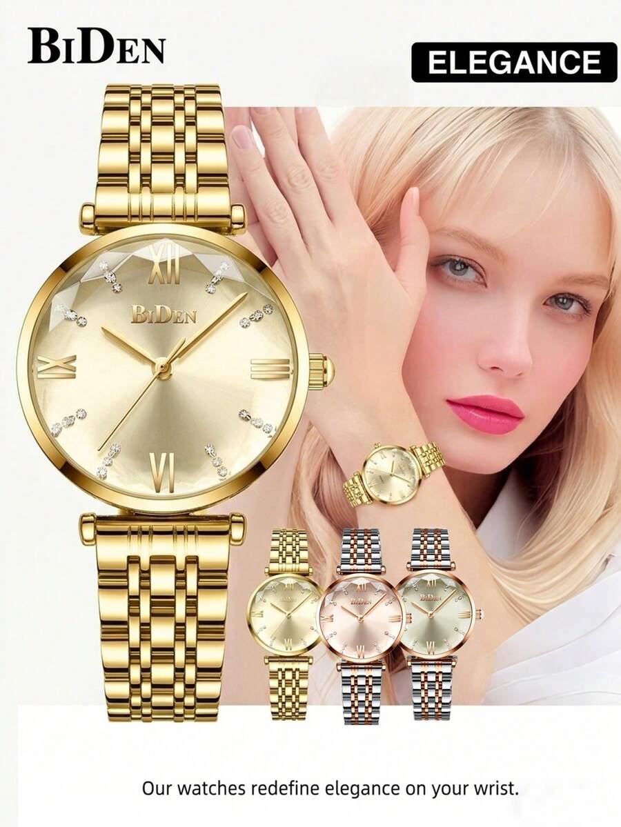 BIDEN 1pc Watch Women's Fashion Business Stainless Steel Strap Watch Bracelet Simple Rose Gold Waterproof Women's Quartz Watch - Mouldless - View 1