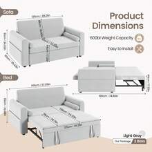 Jooli H 2 Seater Sofa Bed, 3-In-1 Convertible Pull Out Sleeper Sofa With 3-Position Adjustable Backrest, Side Pockets For Living Room, Guest Room, Light Grey - Light Gray - Two-seater - View 2
