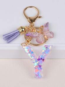 Cute Yarn Pom Pom Sequin Letter A-Z Resin Tassel Keychain, Wallet & Handbag Charm, Chain Backpack Pendant, Car Hanging Ornament, Girl Gift, School & Car Accessories, Gothic Y2K - Purple - View 12