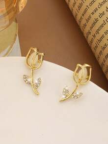 一对小众设计郁金香耳环，奢华时尚百搭优雅锌合金耳环 - 金色 - 查看 5