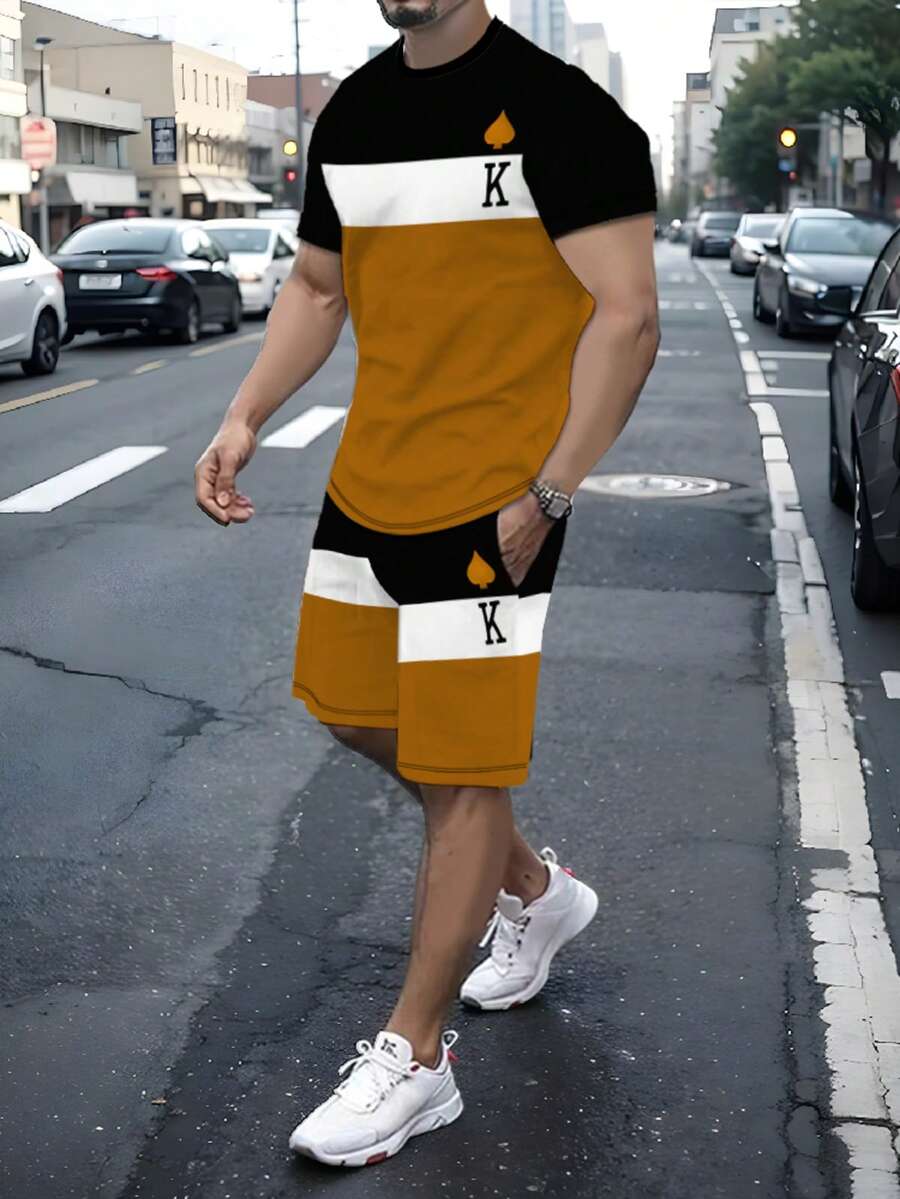 男士三色拼接“K”字母和爱心图案圆领短袖T恤，搭配休闲短裤套装 - 彩色 - 查看 1