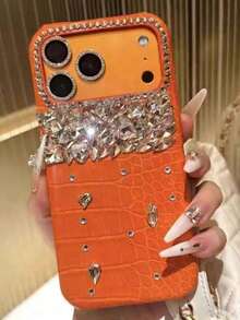 Luxury Crocodile Skin Pattern Rhinestone Phone Case Compatible With IPhone 17 Pro Max/17 Pro/17, 16 Pro Max/16 Pro/16, 15 Pro Max/15 Pro/15, 14/13 Deluxe Phone Case - Orange - View 2