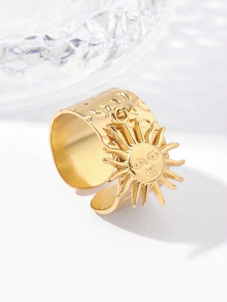 1 pièce Bague ouverte ajustable texturée en acier inoxydable avec motif soleil, bague de couple à la mode et personnalisée - Doré - Voir 1