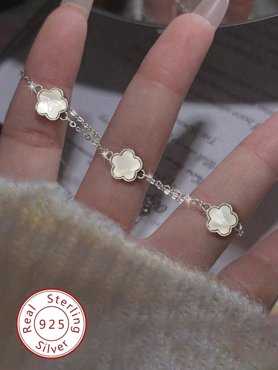 1件925纯银精致优雅五瓣花手链，女士精美首饰，派对礼物，生日礼物，日常佩戴 - 銀色 - 查看 1