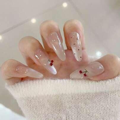 30片水滴形美甲贴纸，简约点状印花设计，3D红色樱桃装饰，全覆盖式美甲贴，包含果冻胶和指甲锉，可重复使用，适合日常佩戴，提升优雅气质