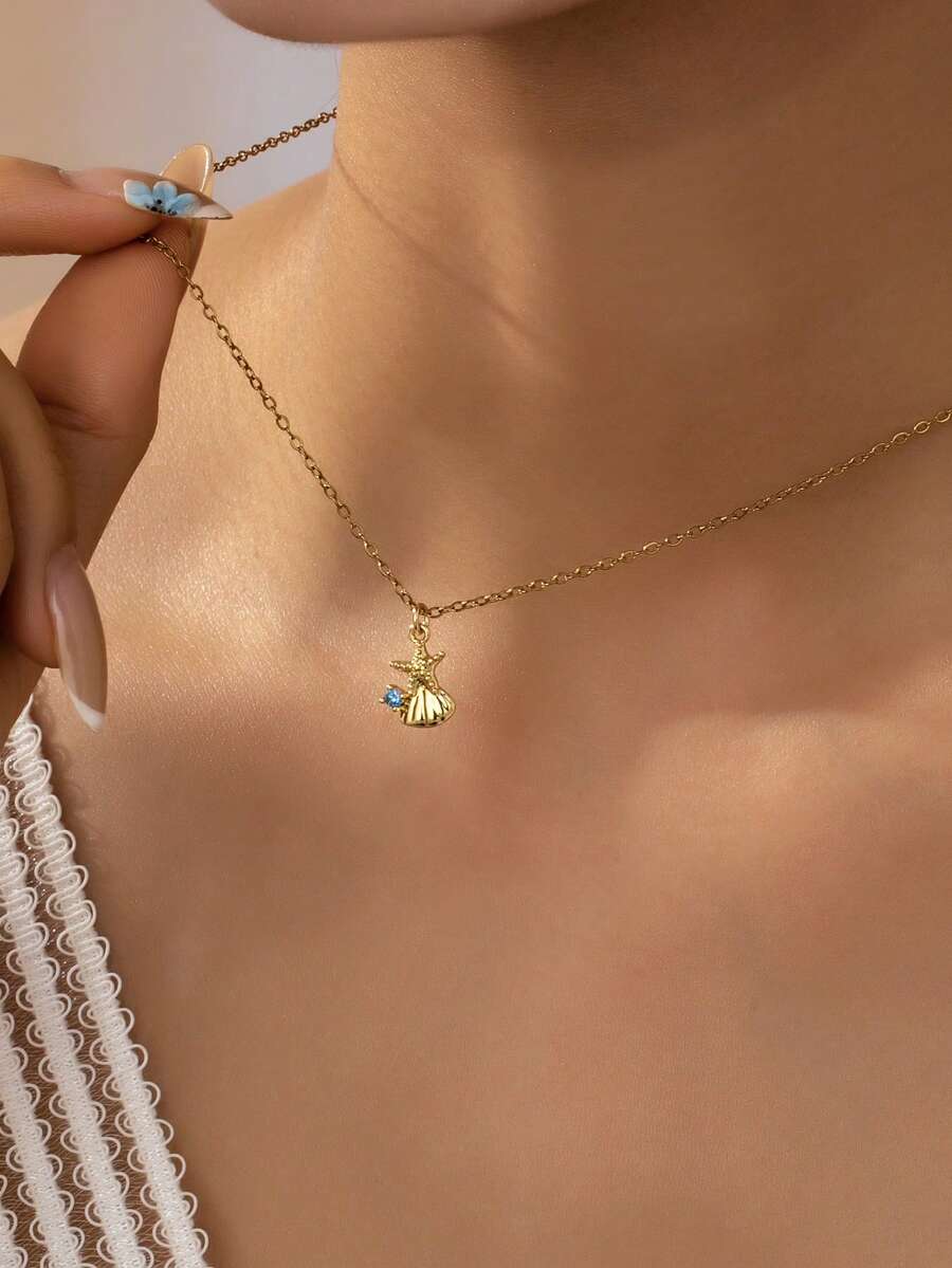 1 Pc 18K Gold Plated Stainless Steel Dainty Chain Starfish Pendant Necklace For Women - Ocean Themed Summer Beach Style Waterproof Jewelry - Starfish Pendant Necklace - View 1