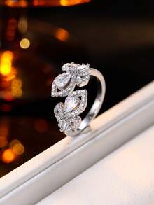 1枚奢华简约双叶水滴形锆石镶嵌独特设计戒指，适合日常佩戴 - 開口戒指 - 查看 15