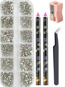 Multi-Size AB Crystal Rhinestone Nail Art Decoration Set, Flat Back Transparent Crystal Rhinestones DIY Nail Decor With Nail Wax Pencil, Tweezers And Other Nail Art Supplies - Multicolor - View 1