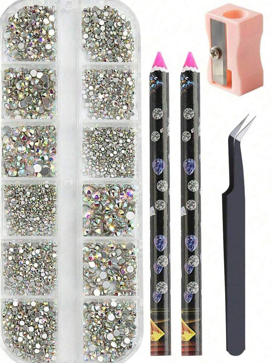 Multi-Size AB Crystal Rhinestone Nail Art Decoration Set, Flat Back Transparent Crystal Rhinestones DIY Nail Decor With Nail Wax Pencil, Tweezers And Other Nail Art Supplies - Multicolor - View 1