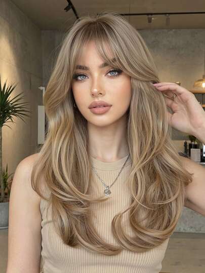 22 Inch Long Wavy Wigs With Medium Part Bangs Dark Roots Brown Wigs For Women Brown Ombre Hair With Blonde Wigs,Heat-Resistant Synthetic Wigs For Daily Party Cosplay Wigs