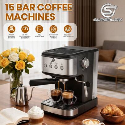 SUPERLEX 15Bar Espresso Machine With Milk Frothing System. It Is Equipped With 1-Cup And 2-Cup Stainless Steel Coffee Powder Filters, As Well As A Measuring Spoon. Suitable For Making Lattes And Cappuccinos, It Is Made Of Stainless Steel.