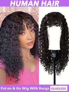 150% 密度深卷真人发假发，带刘海 - 湿发波浪造型，即戴即走，无需胶水，自然黑发，8-22、24、26、28、30 英寸，巴西真人发 - Natural Black - 查看 1