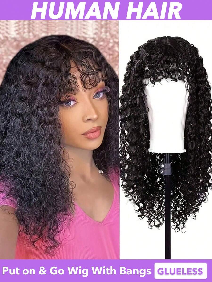 150% 密度深卷真人发假发，带刘海 - 湿发波浪造型，即戴即走，无需胶水，自然黑发，8-22、24、26、28、30 英寸，巴西真人发 - Natural Black - 查看 1