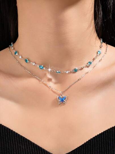 1件夏季蓝色蝴蝶项链，优雅锁骨链设计，女士款