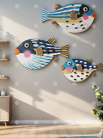 3 piezas Decoración de pared de pez globo estilo mediterráneo, arte náutico de madera reutilizable para decoración del hogar, adecuado para interiores - dormitorio - sala de estar - jardín, también aplicable para cafetería - oficina - playa - varias ocasiones, también se puede usar como regalo de vacaciones