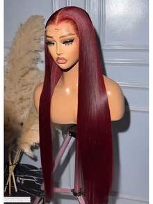 180密度 26英寸巴西骨直发 13x4蕾丝前额真人混纺发高清透明蕾丝前额闭合波波头假发 女士款 99J 酒红色 - S99J/BUG - 查看 3