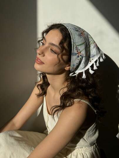 1pc Bohemian Leaf Flower Wheat Tassel Triangle Scarf Hair Band, Women Hair Accessory