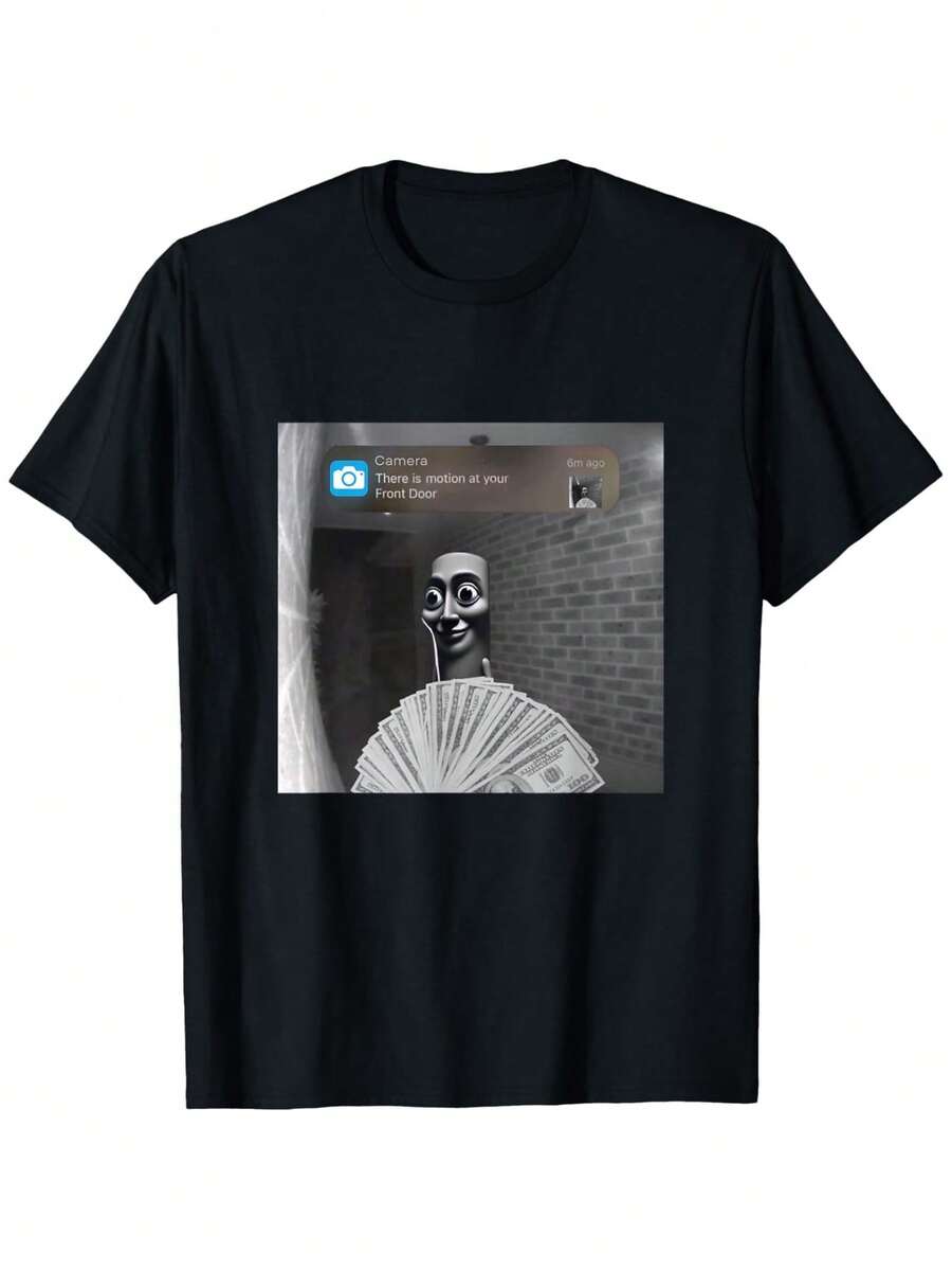 Printed T-Shirt Cotton Plus Size Men's Clothing, Funny "Tung Tung Tung Sahur Motion At Your Front Door" Meme Graphic T-Shirt - Black Casual Loose Fit Round Neck Tee With Humorous Money & Brick Wall Design For Festive Roleplay & Casual Attire, Comfortable Clothing, Nontransparent Fabric,Y2K,Oversized Shirt Men S-5XL,Summer Tops - 黑色 - 查看 1