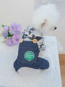 1pc Pet Clothes, Dog Suspender Pants For Small Dogs - Dog Graffiti Suspender Pants - Blue - View 2