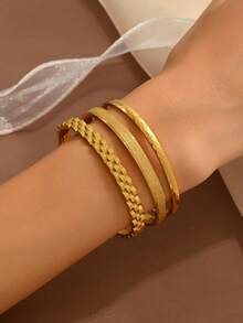 3pcs Set Stainless Steel Clover Cubic Zirconia Bangle Bracelet, Minimalist Sparkling Bracelets Suitable For Daily Wear, Fashion Jewelry Mix And Match - Yellow Gold - View 3