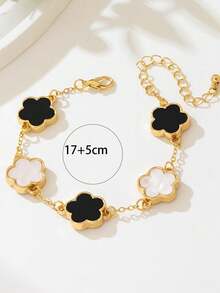 1 Set/4pcs Luxury Fashion Exaggerated Creative Metal Five-Leaf Clover Inlaid Pearl Half Chain Necklace + 1pc Five-Leaf Clover Chain Bracelet + 2pcs Asymmetric Geometric Five-Leaf Clover Rings, Fashionable Versatile Jewelry Set For Women - Multicolor - View 4