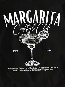 Women's Fitted T-Shirt With Casual Round Neck, Retro Cocktail Print In English, Suitable For Summer, Airport And Everyday Wear - 黑色 - 查看 4