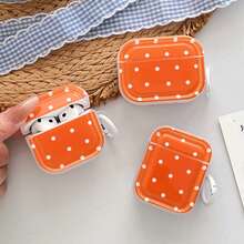 橙色波点双面全印花设计，带1个白色圆形按钮，兼容苹果4代蓝牙耳机盒，也适用于Pro 2/Pro 3/第三代耳机保护盒（不含耳机） - 橘色 - 查看 2