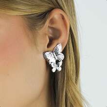 Women's Costume Jewelry Set With Gold Plated Earrings And Delicate Double Butterfly Pendant Chain - 銀 - 查看 3