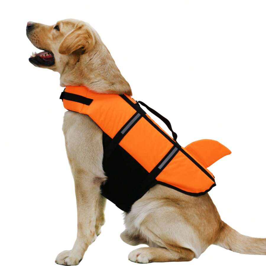 Jaket Pelampung Anjing yang Dapat Diatur, Model Hiu, Daya Apung Tinggi dengan Pegangan Penyelamat, Cocok untuk Anjing Kecil, Sedang, dan Besar untuk Berenang dan Berperahu - Jeruk - View 1