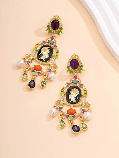 1 Pair Retro Portrait Colorful Gemstone Earrings, Baroque Enamel Pearl Tassel Dangle Earrings, Niche Luxury Exaggerated Earrings Suitable For Formal Occasions, Workplace, Parties, Versatile