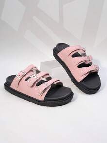 1 Pair Girls' Beige Suede Multi-Buckle Thick-Soled Non-Slip Slide Sandals For Everyday Casual Use - Pink - View 2