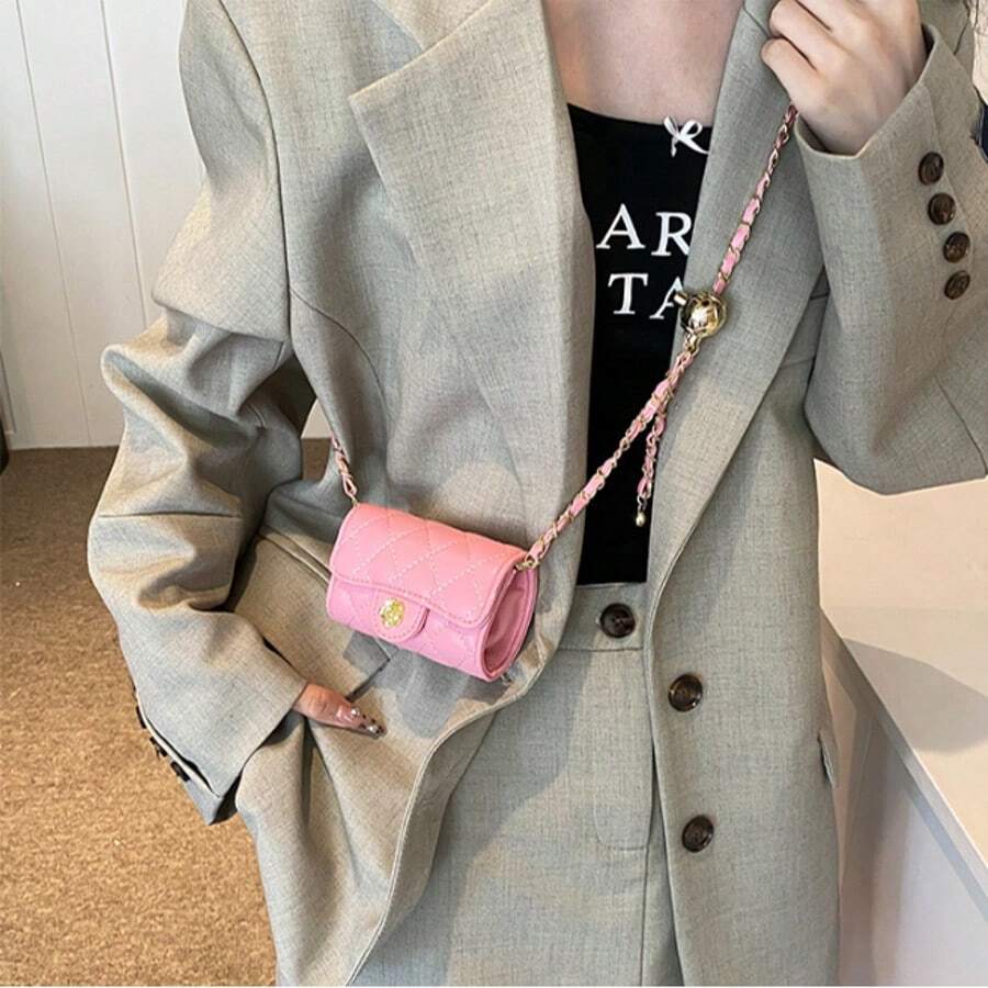 Single Shoulder Bag With Diamond Embroidery And Golden Ball, Crossbody Bag, Mini Casual Bag With Texture For Women - 玫紅色 - 查看 1