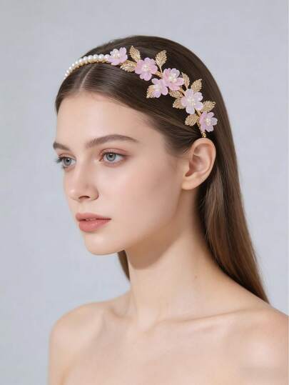 1pc Camellia Petal & Leaf Faux Pearl Beaded Headband, Cute Hair Accessory Suitable For Wedding, Daily Wear, Birthday, Vacation