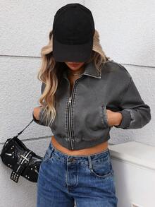 女士仿皮夹克 飞行员棒球领拉链短款机车外套 - 灰色 - 查看 6