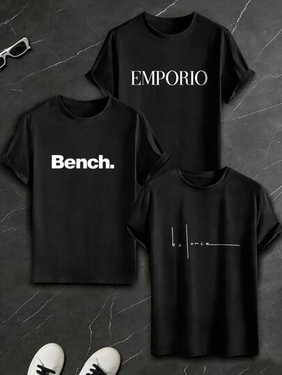 3pcs/Set Men's Casual Round Neck Short Sleeve T-Shirt With Minimalist Slogan & English Graphic, Suitable For Street, Outdoor, Daily, Campus, Layering, Commuting, Versatile