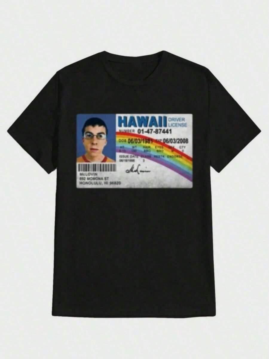 Printed T-Shirt Cotton Plus Size Men's Clothing, Mclovin Movie Mclovin Driver's License Print Short Sleeve Casual Digital Print Pure Heavy Cotton T Shirt For Men's ,Y2K,Oversized Shirt Men,Summer Tops - màu đen - Xem 1