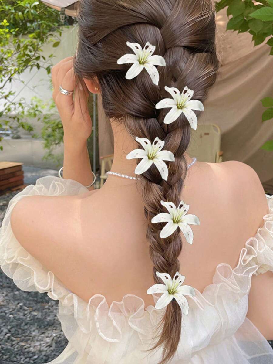 5 قطع مشابك شعر مزيفة على شكل زهرة السوسن، تصميم حلو، مناسب للصيف والعطلات والسفر، إكسسوارات للنساء - أبيض - مشاهدة 1