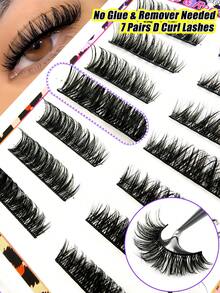 7对自粘式假睫毛 D卷度俄罗斯假睫毛，预粘式，无需胶水，无需卸妆，可重复使用，按压式假睫毛，卷翘猫眼假睫毛，蓬松8-15mm假睫毛（D-14） - 黑色 - 查看 11